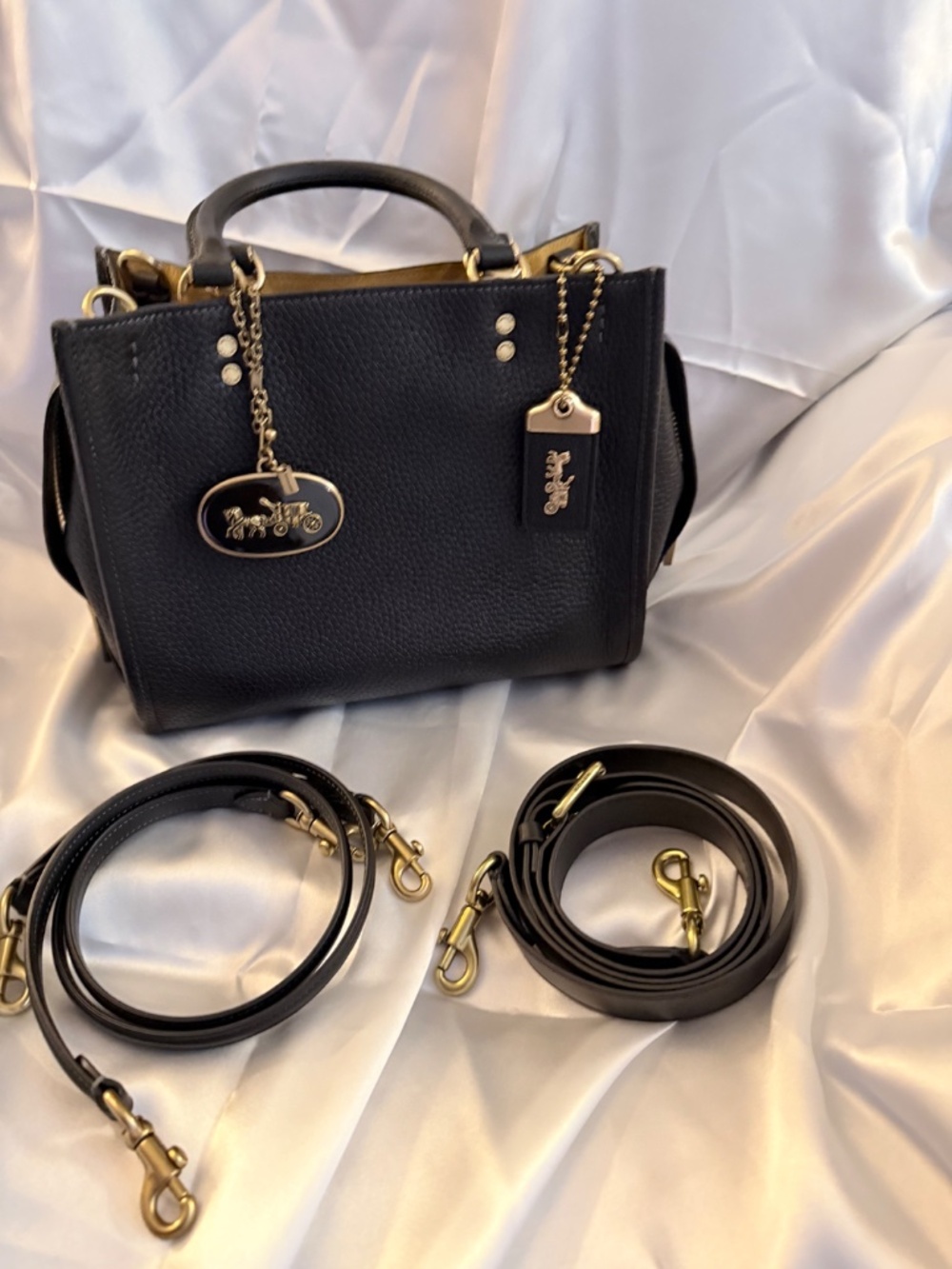 NWOT Black Leather Satchel Handbag with Gold Hardware - Coach